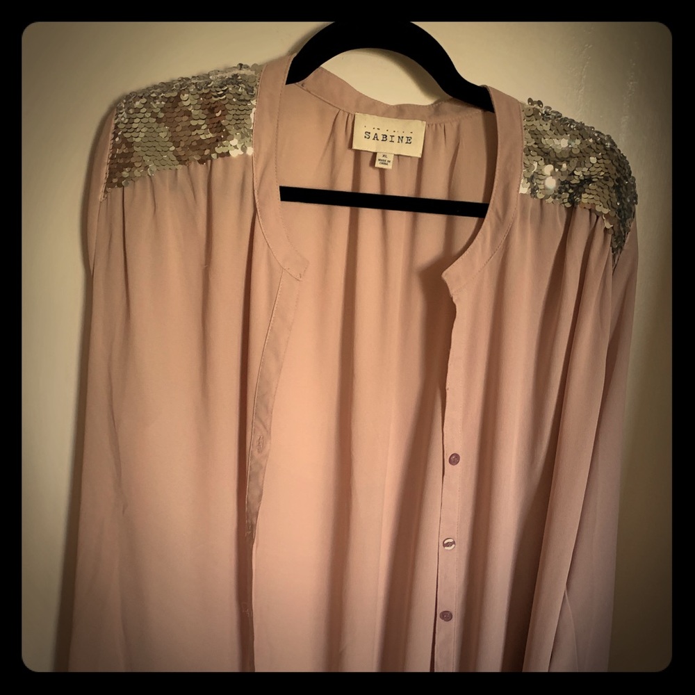 Dusty rose blouse w/ silver sequins on shoulders